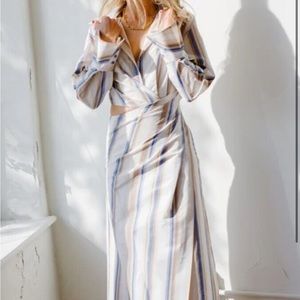 Jonathan Simkhai Long Sleeve Marge Striped Midi Cut Out Dress Size 14